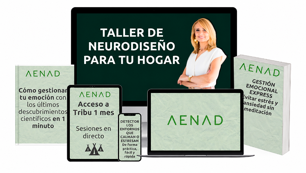 conjunto de recursos digitales y dispositivos mostrando el taller de neurociencia aplicada al diseño, libros digitales de gestión emocional y acceso a la comunidad AENAD